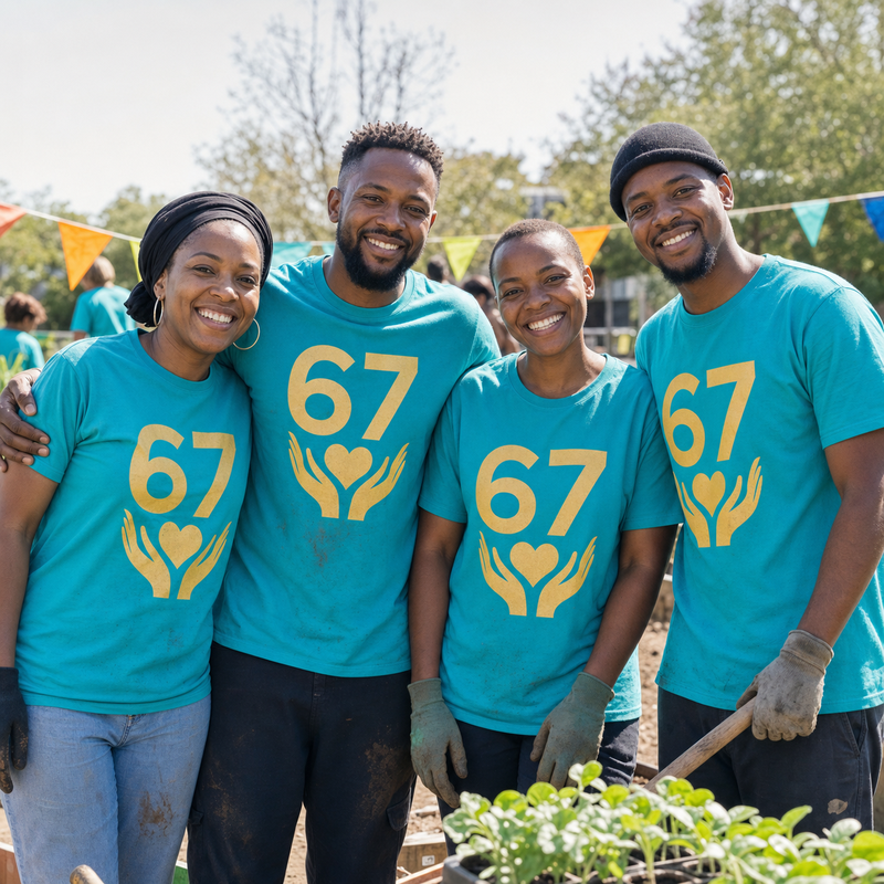 NGO volunteers wearing turquoise Mandela Day-inspired 67 campaign T-shirts