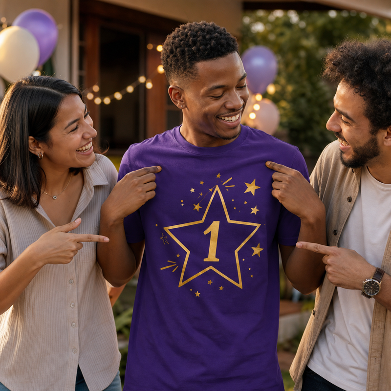 Birthday celebration featuring a custom purple personal T-shirt