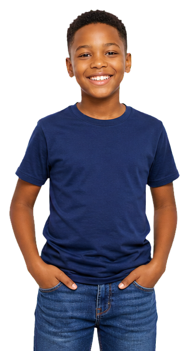 Child wearing a navy T-shirt