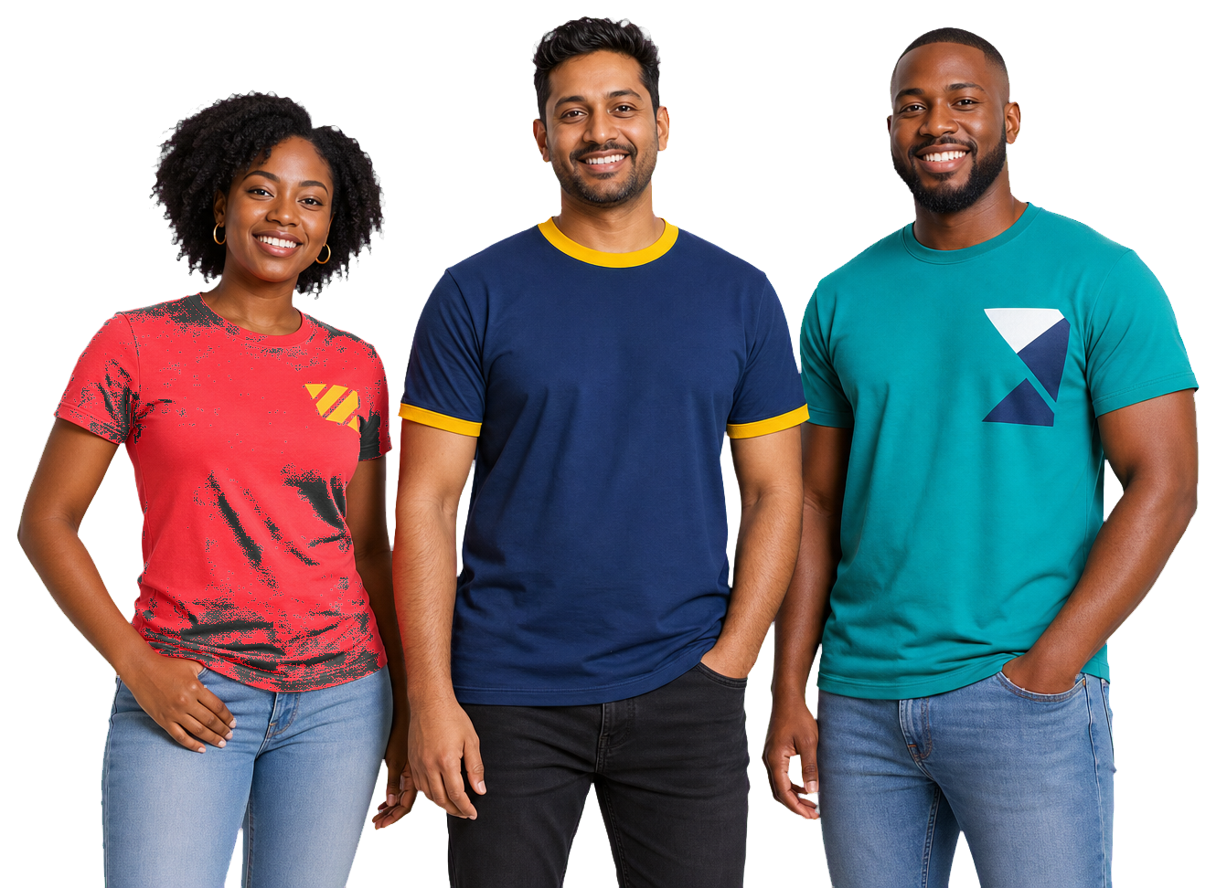Three diverse South Africans wearing coral, navy and teal promotional T-shirts